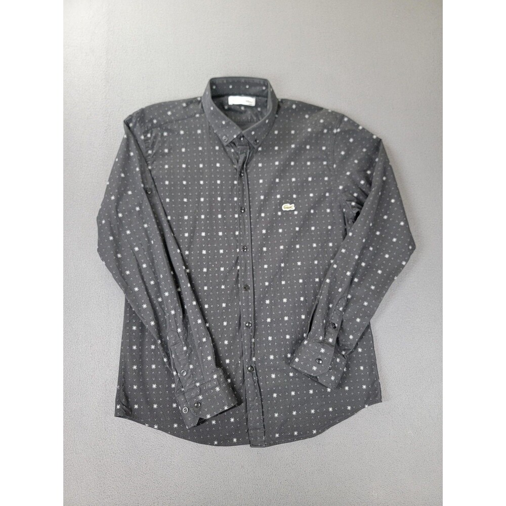 Lacoste Shirt Mens 2XL Black Gray Micro Print Button Down Long‎ Sleeve Croc Logo